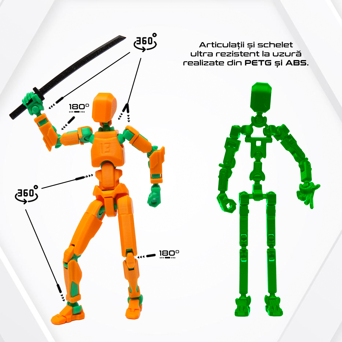 Robot jucarie cu articulatii R13, mediu, 16,5cm, imprimat 3D, complet asamblat - portocaliu-verde [3]