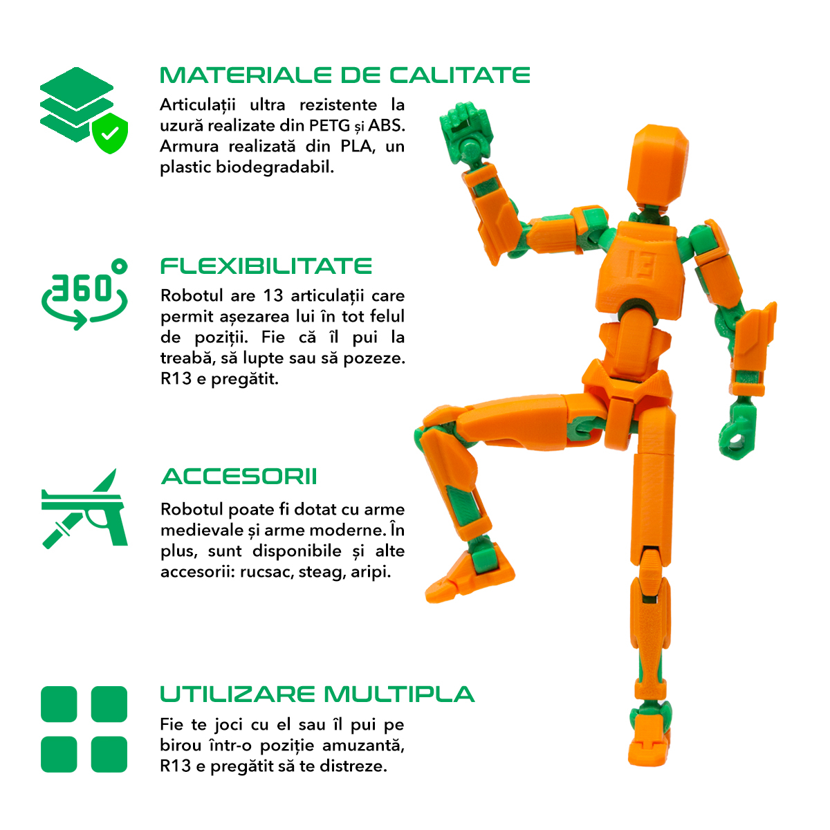 Robot jucarie cu articulatii R13, mediu, 16,5cm, imprimat 3D, complet asamblat - portocaliu-verde [2]