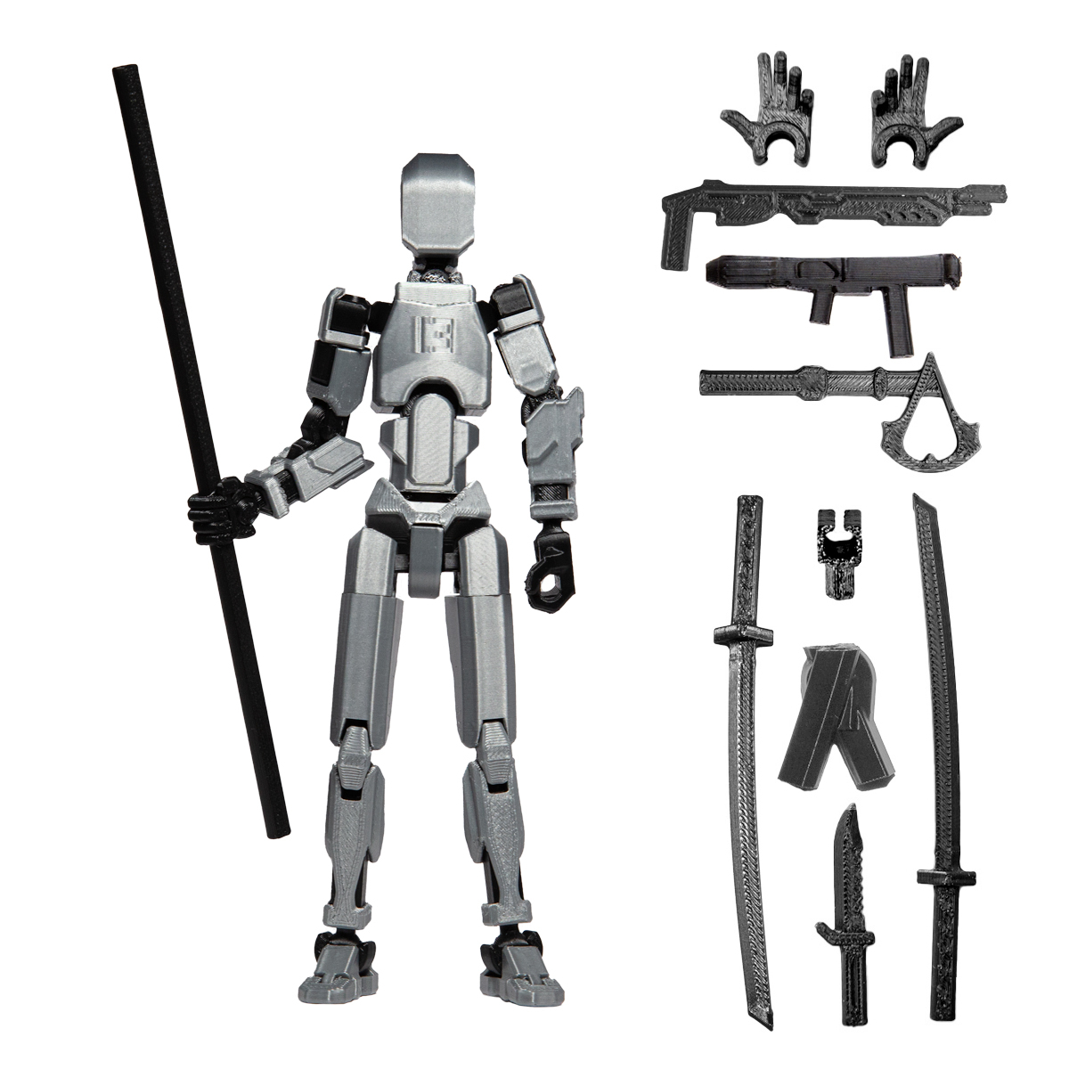 Robot jucarie cu articulatii R13, mediu, 16, 5cm, imprimat 3D, complet asamblat -Gri Metalizat [1]