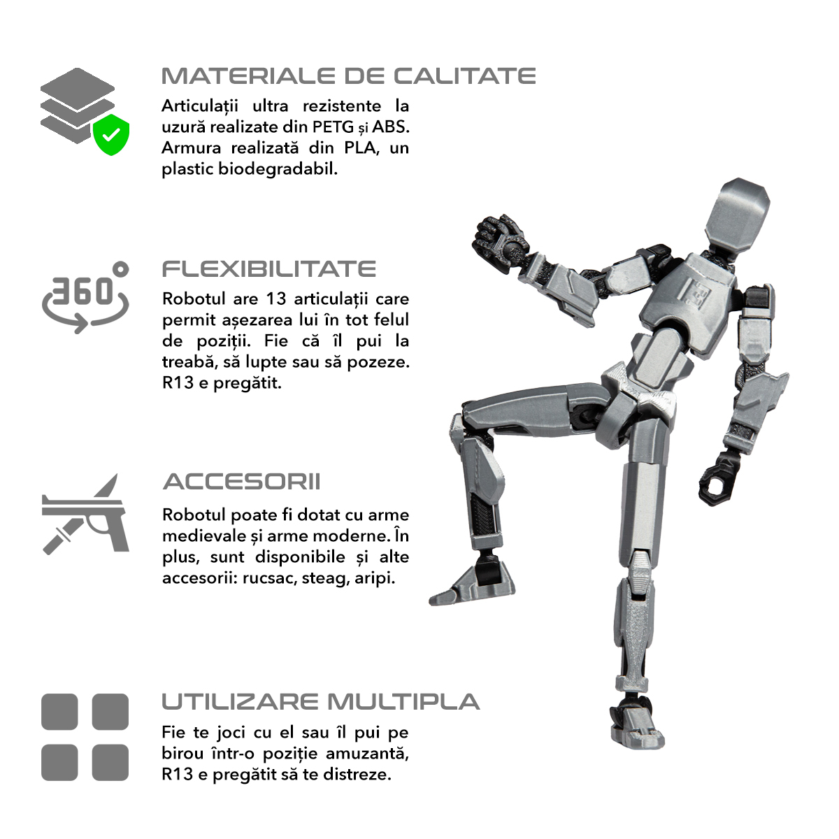 Robot jucarie cu articulatii R13, mediu, 16, 5cm, imprimat 3D, complet asamblat -Gri Metalizat [2]