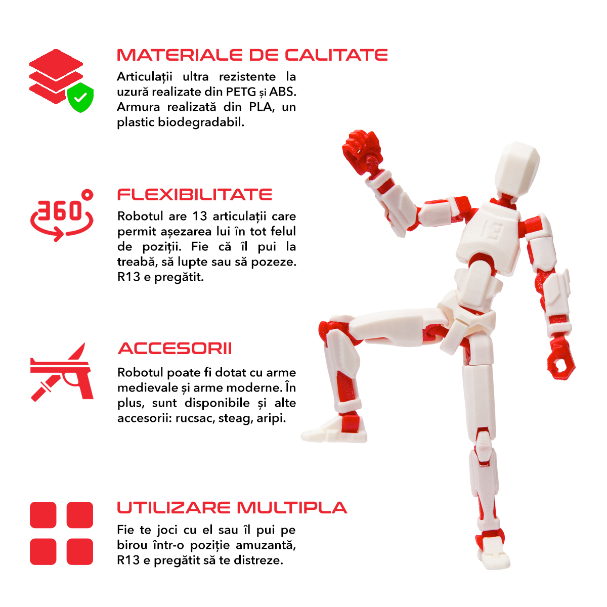 Robot jucarie cu articulatii R13, mediu, 16,5cm, imprimat 3D, complet asamblat - alb-rosu [2]