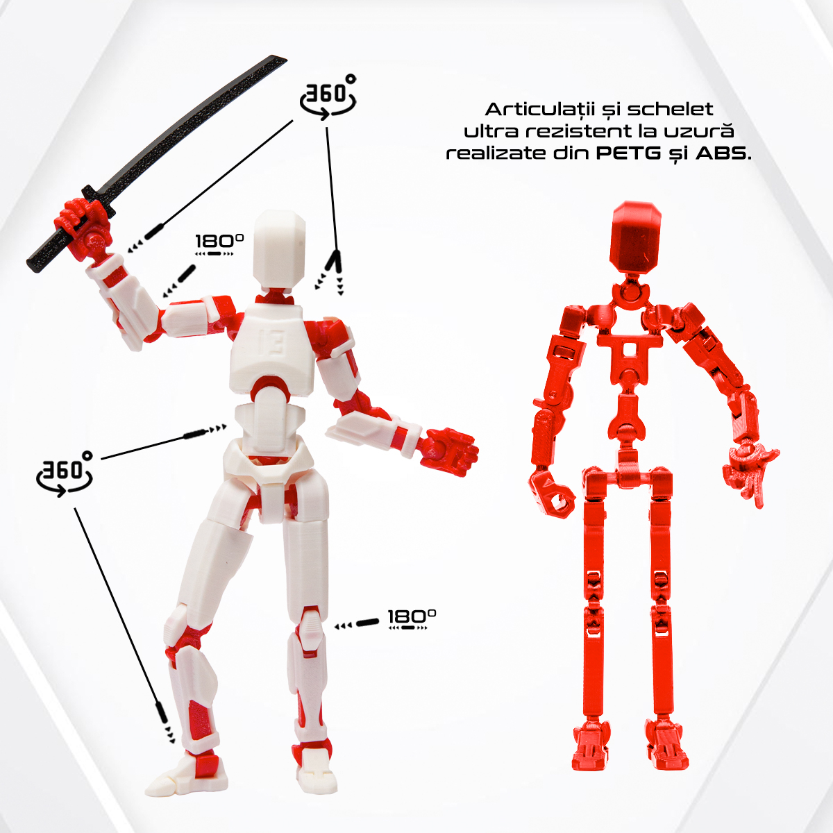 Robot jucarie cu articulatii R13, mediu, 16,5cm, imprimat 3D, complet asamblat - alb-rosu [3]