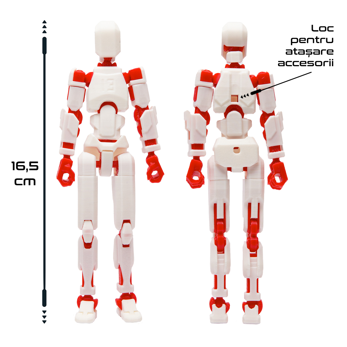 Robot jucarie cu articulatii R13, mediu, 16,5cm, imprimat 3D, complet asamblat - alb-rosu [4]