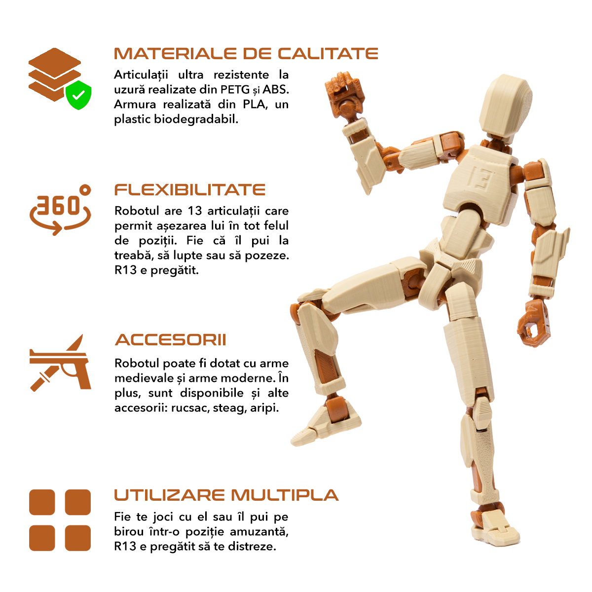 Robot jucarie cu articulatii R13, mediu, 16,5cm, imprimat 3D, complet asamblat - crem-maro [2]