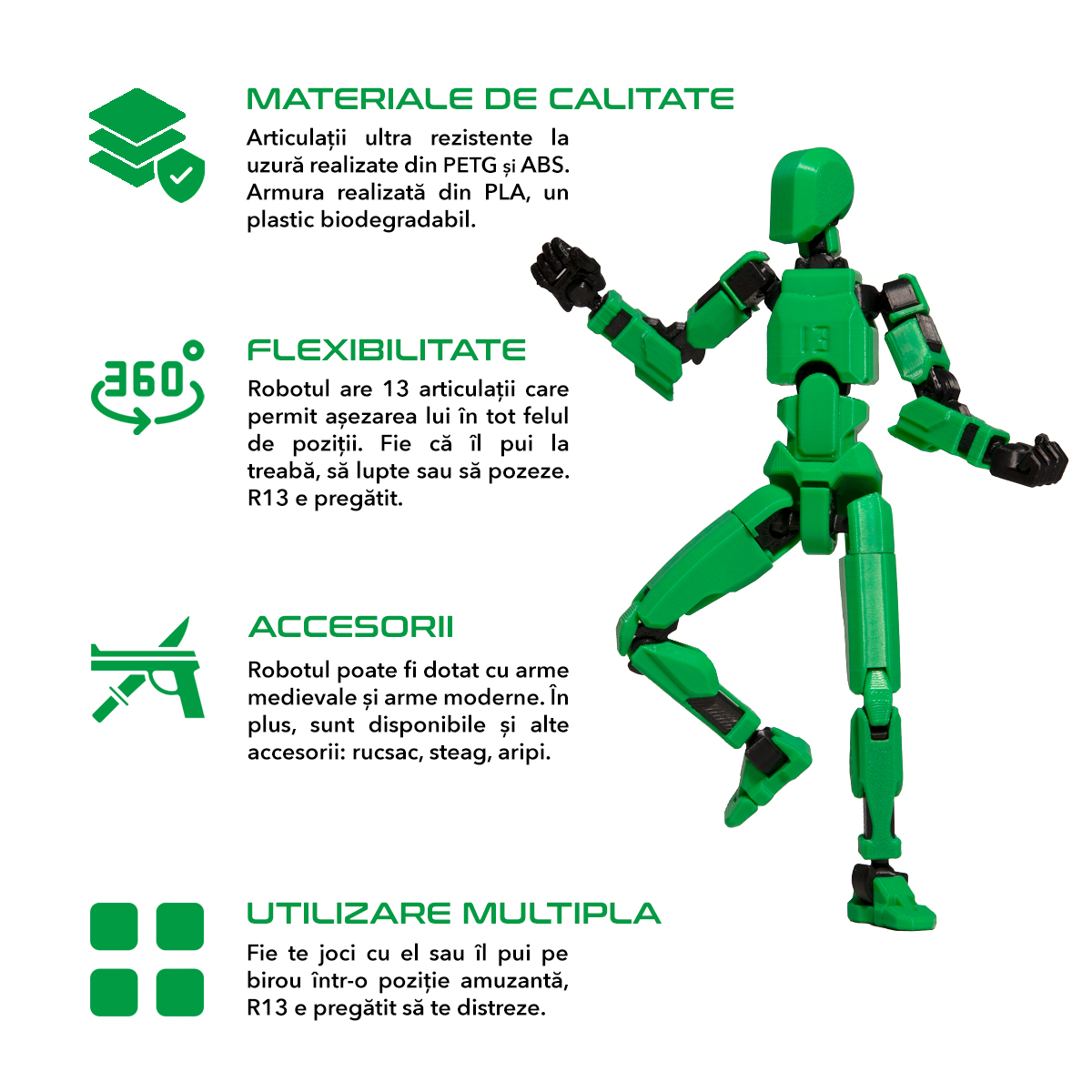 Robot jucarie cu articulatii R13, mediu, 16,5cm, imprimat 3D, complet asamblat- verde [2]