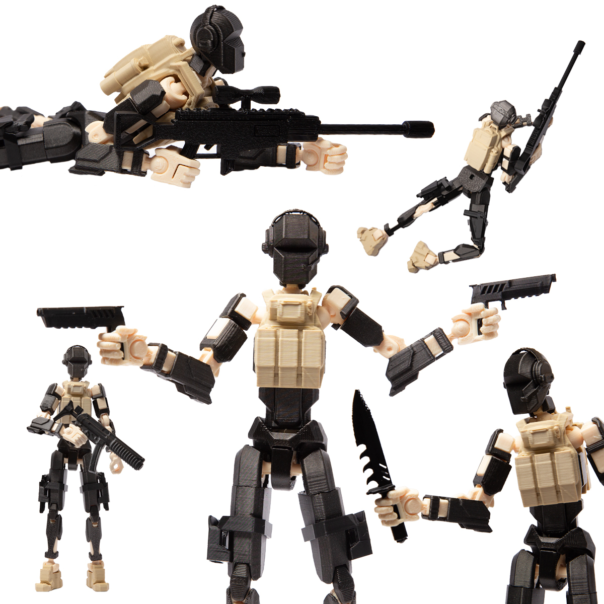 Robot jucarie cu articulatii R13 tip Commando, mediu, 16,5cm, imprimat 3D, complet asamblat - negru metalizat-crem [5]