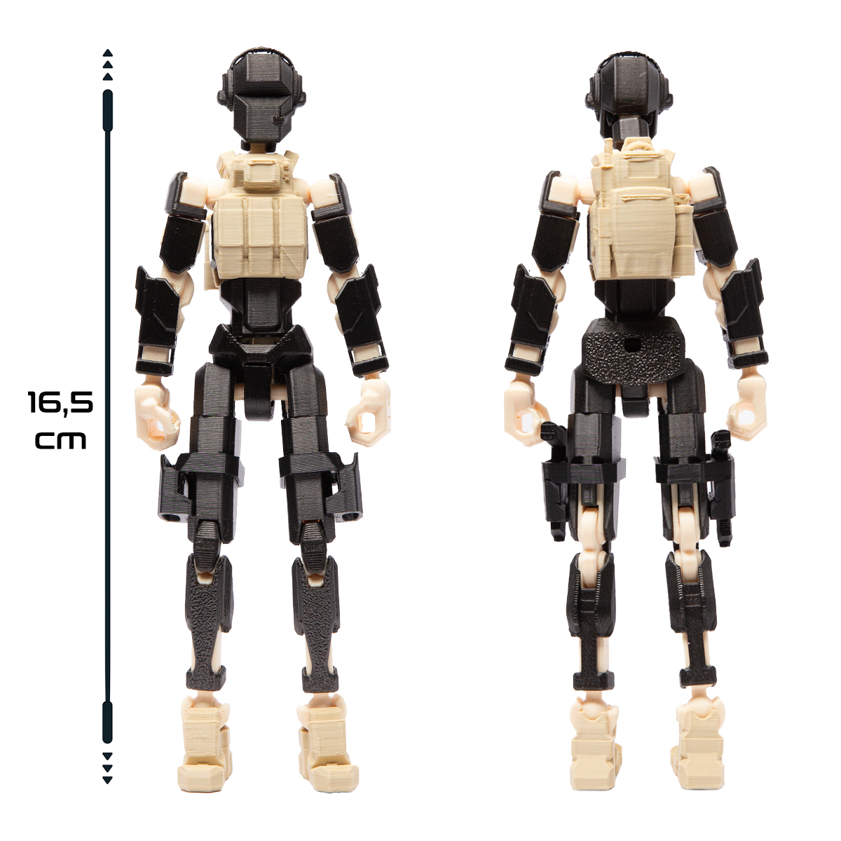 Robot jucarie cu articulatii R13 tip Commando, mediu, 16,5cm, imprimat 3D, complet asamblat - negru metalizat-crem [4]