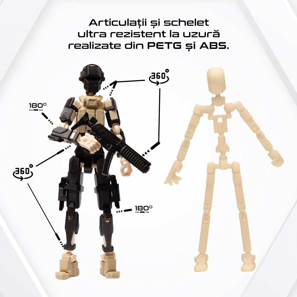 Robot jucarie cu articulatii R13 tip Commando, mediu, 16,5cm, imprimat 3D, complet asamblat - negru metalizat-crem [3]