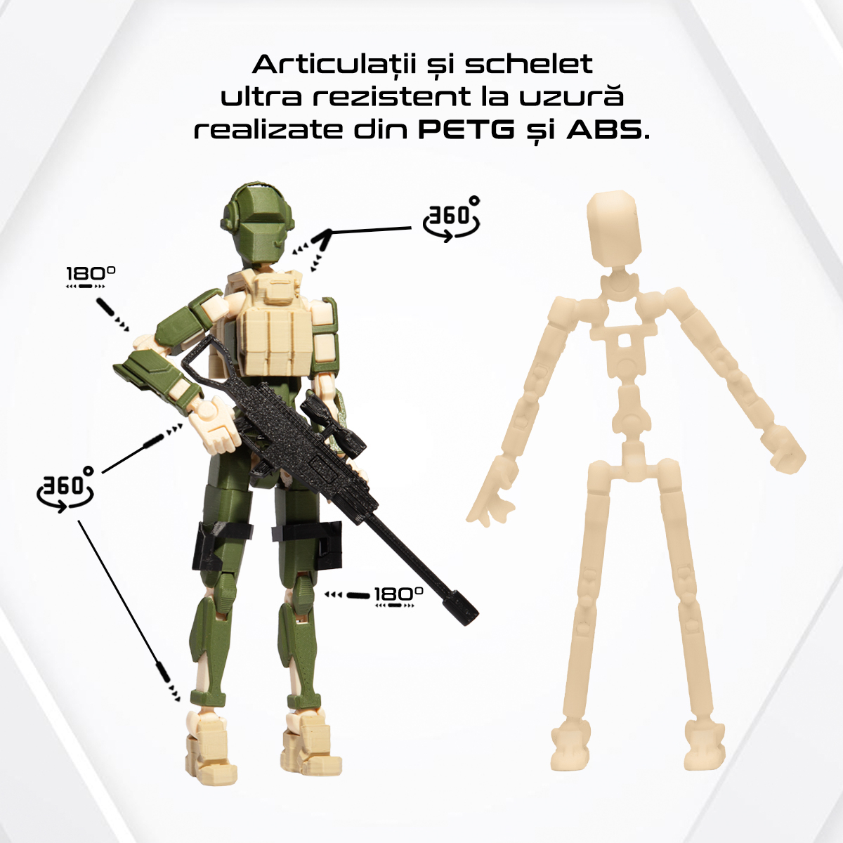 Robot jucarie cu articulatii R13 tip Commando, mediu, 16,5cm, imprimat 3D, complet asamblat - verde inchis-crem - Copie [3]