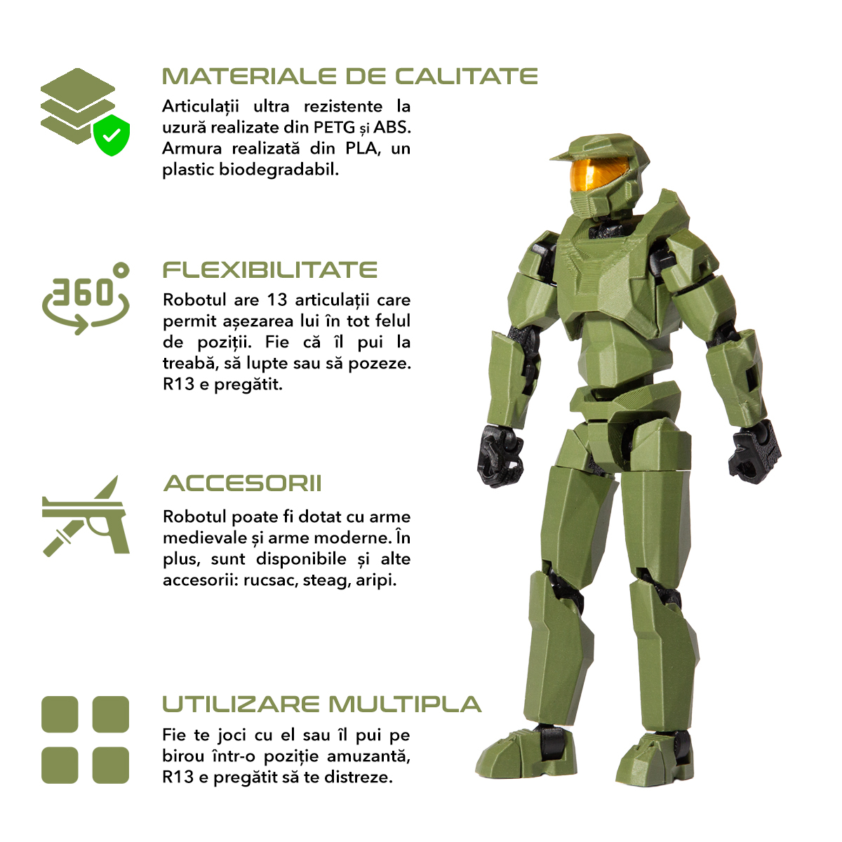 Robot figurina cu articulatii R13, 16,5 cm, imprimat 3D, tip Halo, verde inchis, complet asamblata [3]