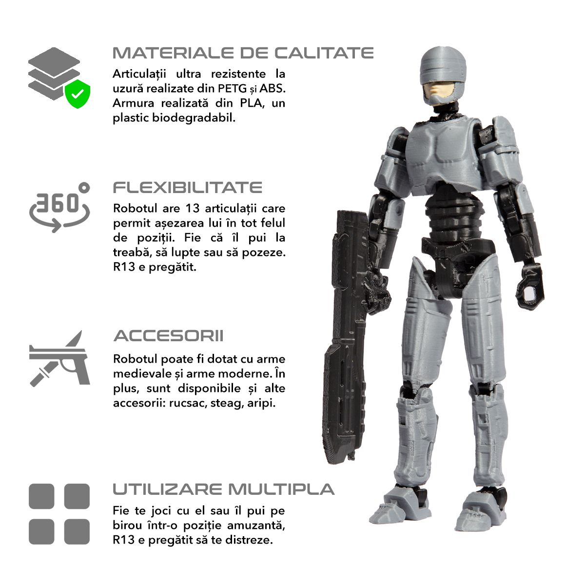 Robot figurina cu articulatii R13, 16,5 cm, imprimat 3D, tip Robocop, gri-negru, complet asamblata [3]