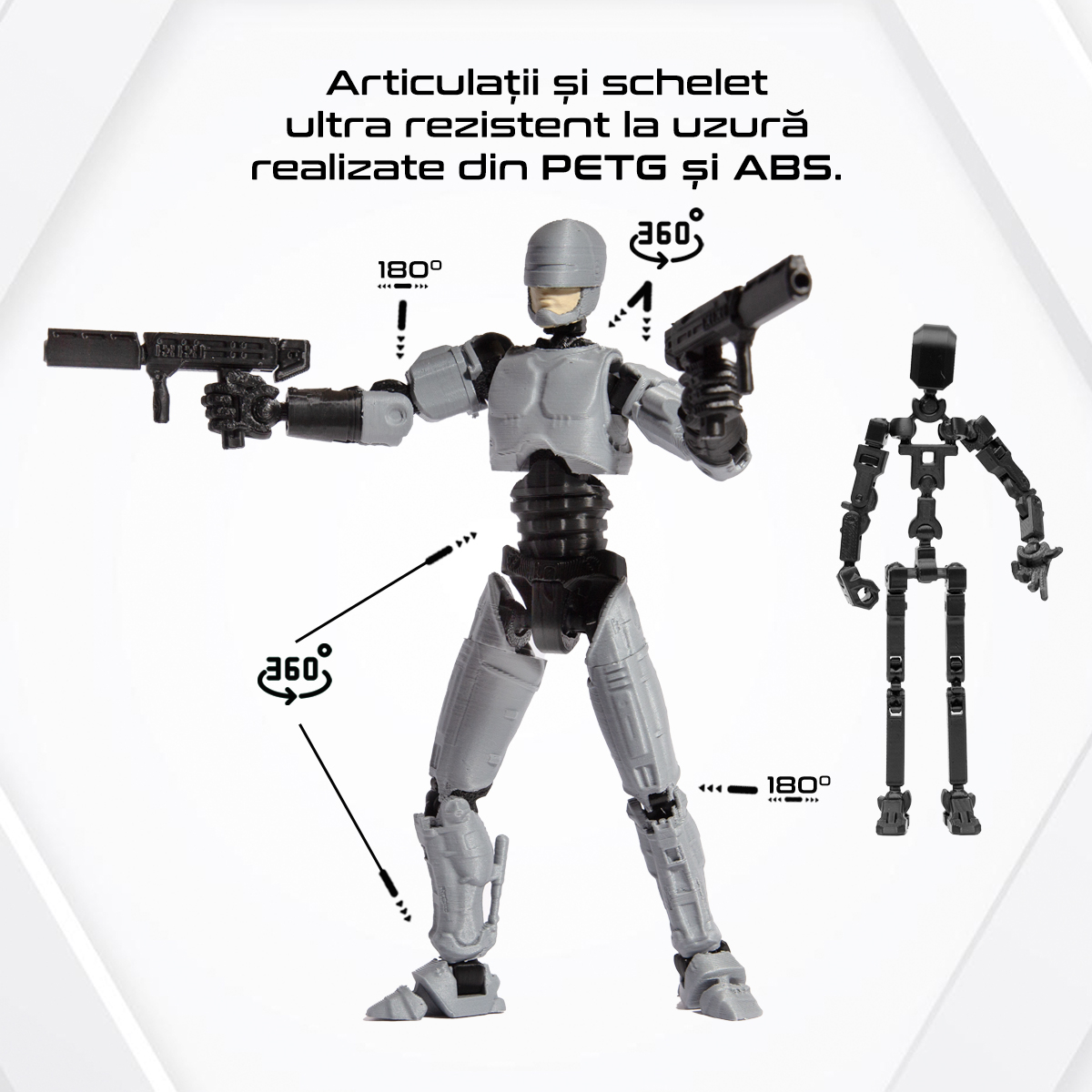 Robot figurina cu articulatii R13, 16,5 cm, imprimat 3D, tip Robocop, gri-negru, complet asamblata [4]