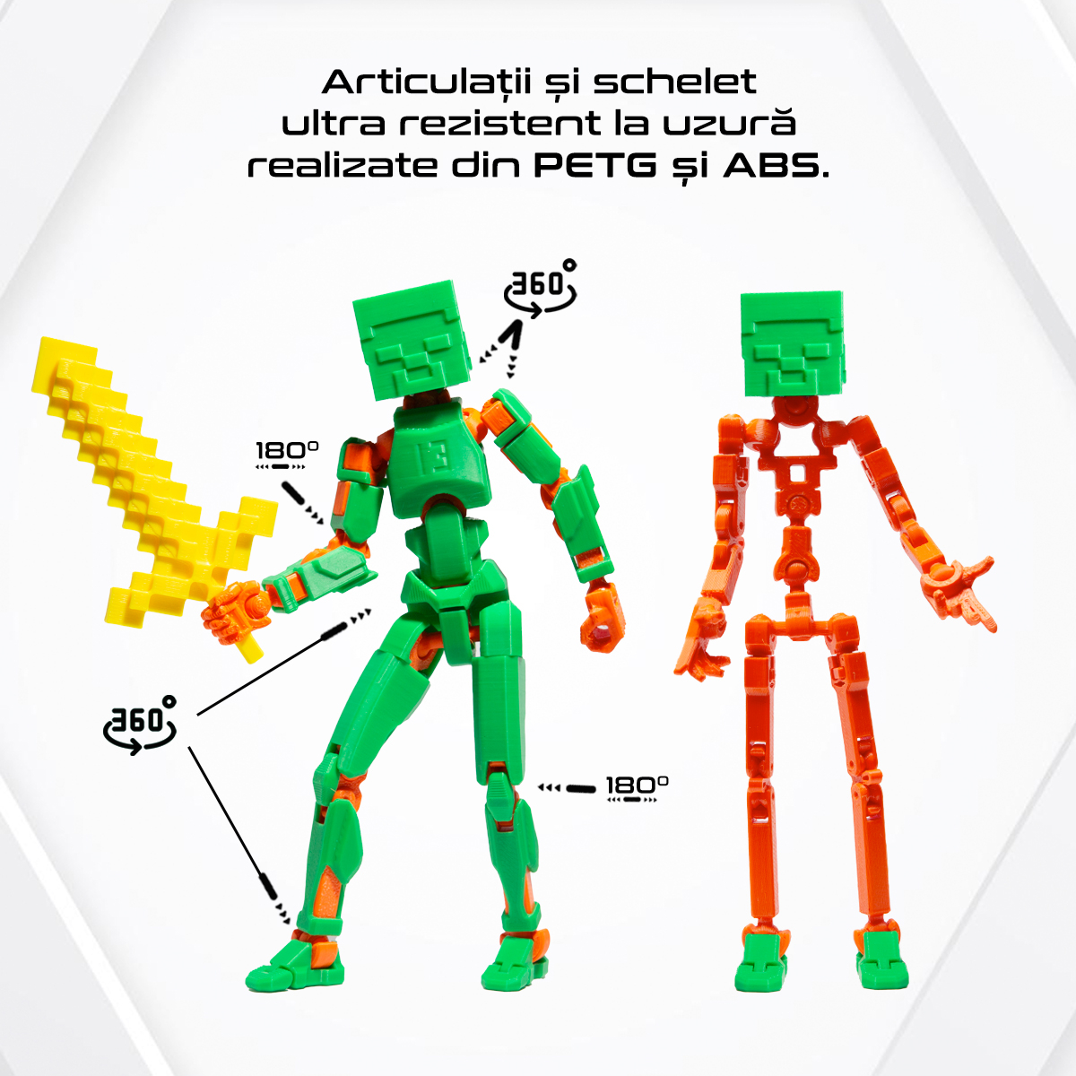 Robot jucarie cu articulatii R13 tip Minecraft, mediu, 16,5cm, imprimat 3D, complet asamblat - verde-portocaliu [3]