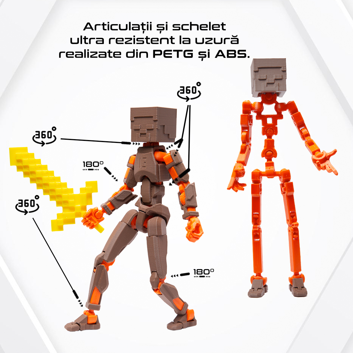 Robot jucarie cu articulatii R13 tip Minecraft, mediu, 16,5cm, imprimat 3D, complet asamblat - maro-portocaliu [3]