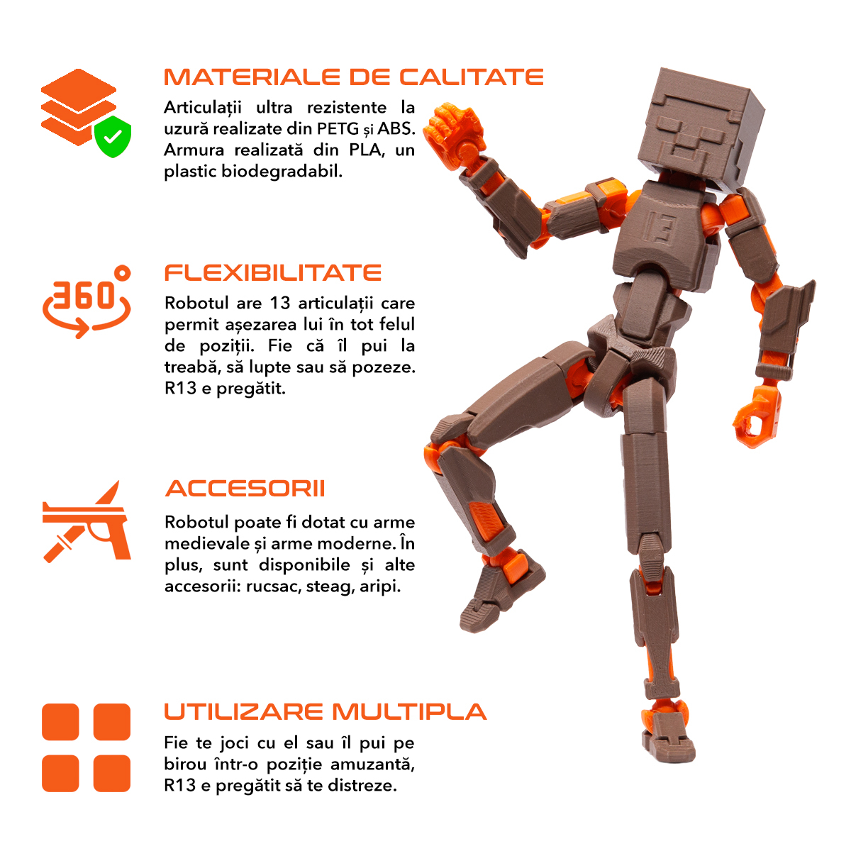Robot jucarie cu articulatii R13 tip Minecraft, mediu, 16,5cm, imprimat 3D, complet asamblat - maro-portocaliu [2]