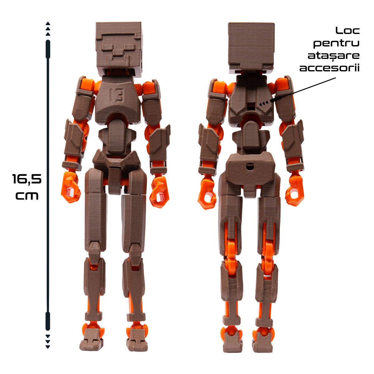 Robot jucarie cu articulatii R13 tip Minecraft, mediu, 16,5cm, imprimat 3D, complet asamblat - maro-portocaliu [4]