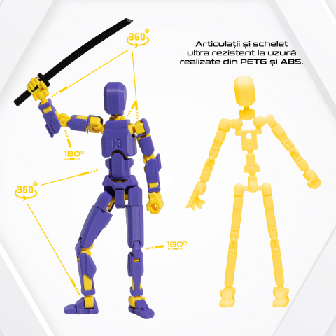 Robot figurina cu articulatii R13, 16,5 cm, imprimat 3D, mov-galben, complet asamblata [2]