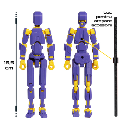 Robot figurina cu articulatii R13, 16,5 cm, imprimat 3D, mov-galben, complet asamblata [3]