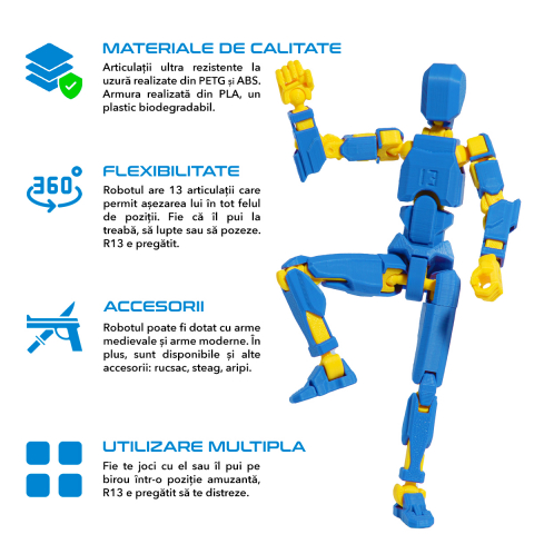 Robot figurina cu articulatii R13, 16,5 cm, imprimat 3D, albastru-galben, complet asamblata [1]