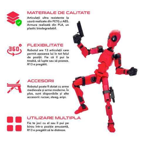 Robot figurina cu articulatii tip Deadpool, 16,5 cm, imprimat 3D, complet asamblata [3]