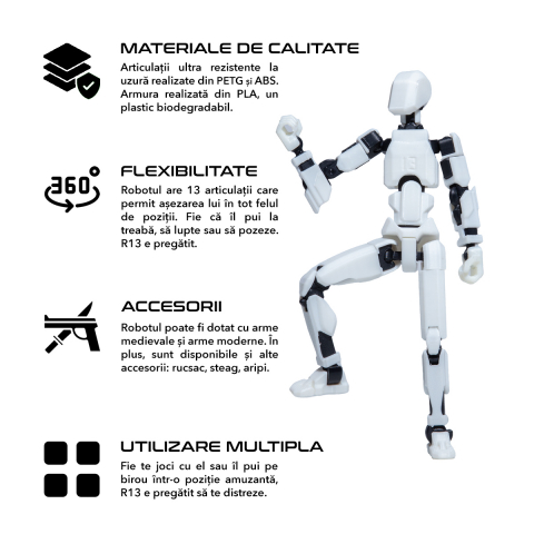 Robot jucarie cu articulatii R13, 16,5cm, imprimat 3D, complet asamblat - alb [1]