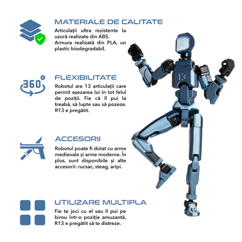 Robot jucarie cu articulatii R13, 16, 5cm, imprimat 3D, complet asamblat -Cobalt Albastru Metalizat [1]