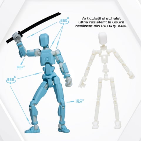 Robot jucarie cu articulatii R13, mediu, 16,5cm, imprimat 3D, complet asamblat - albastru deschis-alb [2]
