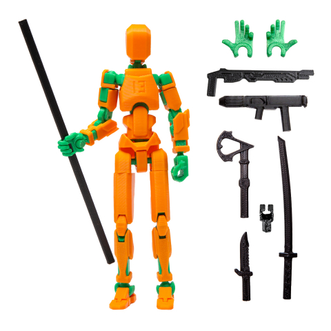 Robot R13 - Robot jucarie cu articulatii R13, mediu, 16,5cm, imprimat 3D, complet asamblat - portocaliu-verde
