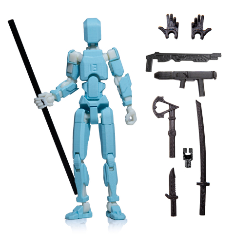 Robot R13 - Robot jucarie cu articulatii R13, mediu, 16,5cm, imprimat 3D, complet asamblat - albastru deschis-alb