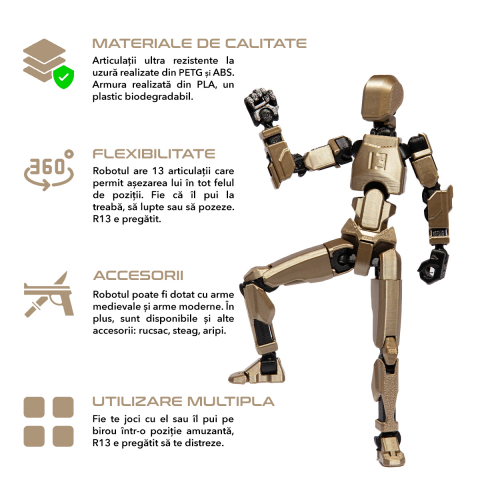 Robot jucarie cu articulatii R13, mediu, 16, 5cm, imprimat 3D, complet asamblat - Iridium Metalizat [1]