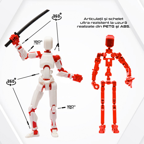 Robot jucarie cu articulatii R13, mediu, 16,5cm, imprimat 3D, complet asamblat - alb-rosu [2]