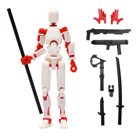 Robot R13 - Robot jucarie cu articulatii R13, mediu, 16,5cm, imprimat 3D, complet asamblat - alb-rosu