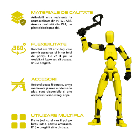 Robot jucarie cu articulatii R13, mediu, 16,5cm, imprimat 3D, complet asamblat - galben [1]