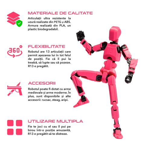 Robot jucarie cu articulatii R13, mediu, 16,5cm, imprimat 3D, complet asamblat - pink pop [1]