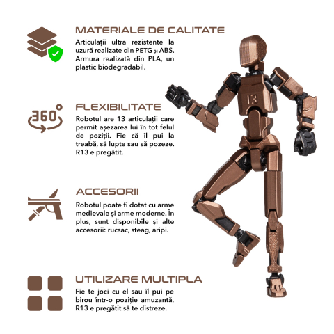 Robot jucarie cu articulatii R13, mediu, 16, 5cm, imprimat 3D, complet asamblat - Cupru Metalizat [1]