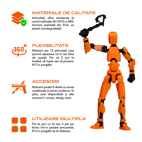 Robot jucarie cu articulatii R13, mediu, 16,5cm, imprimat 3D, complet asamblat - portocaliu [1]