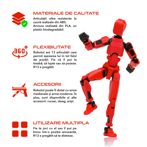 Robot jucarie cu articulatii R13, 16,5cm, imprimat 3D, complet asamblat - roșu [1]