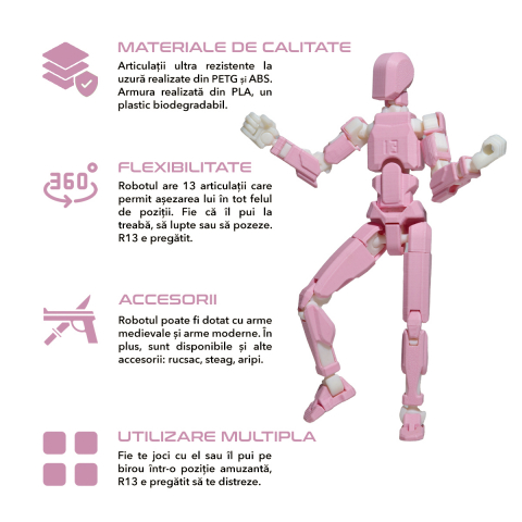 Robot jucarie cu articulatii R13, 16,5cm, imprimat 3D, complet asamblat - roz [1]