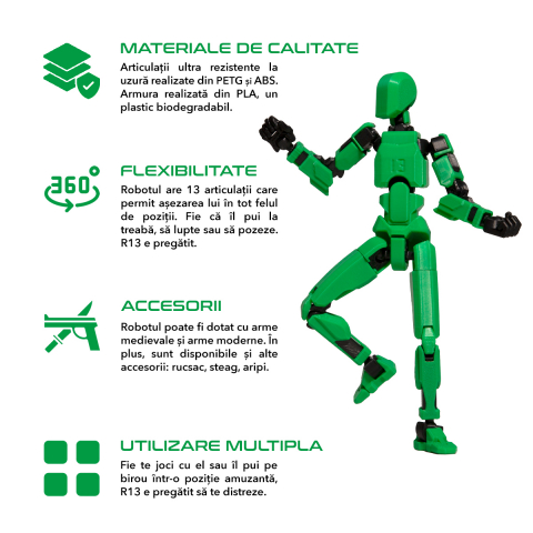 Robot jucarie cu articulatii R13, mediu, 16,5cm, imprimat 3D, complet asamblat- verde [1]
