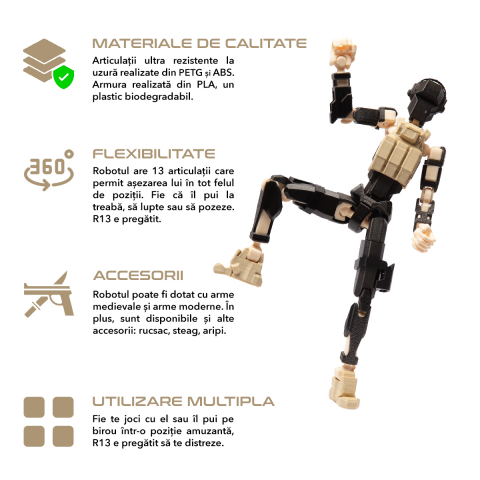 Robot jucarie cu articulatii R13 tip Commando, mediu, 16,5cm, imprimat 3D, complet asamblat - negru metalizat-crem [1]