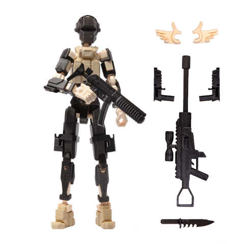 Robot R13 - Robot jucarie cu articulatii R13 tip Commando, mediu, 16,5cm, imprimat 3D, complet asamblat - negru metalizat-crem