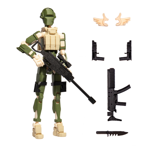 Robot R13 - Robot jucarie cu articulatii R13 tip Commando, mediu, 16,5cm, imprimat 3D, complet asamblat - verde inchis-crem - Copie