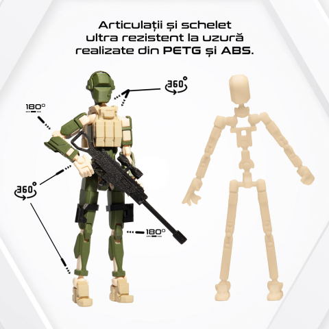 Robot jucarie cu articulatii R13 tip Commando, mediu, 16,5cm, imprimat 3D, complet asamblat - verde inchis-crem - Copie [2]
