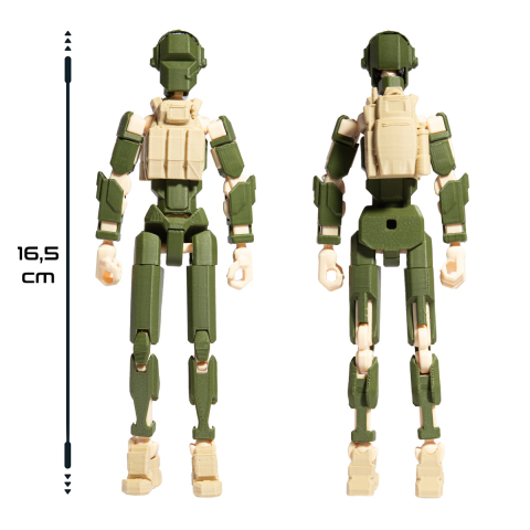 Robot jucarie cu articulatii R13 tip Commando, mediu, 16,5cm, imprimat 3D, complet asamblat - verde inchis-crem - Copie [3]