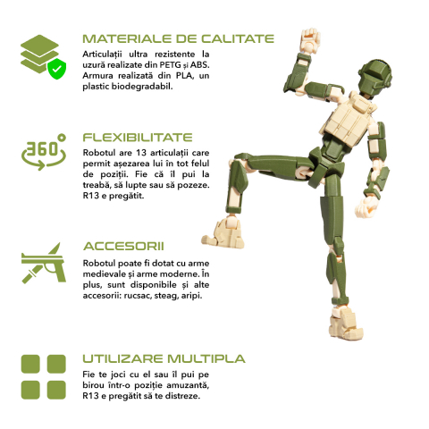 Robot jucarie cu articulatii R13 tip Commando, mediu, 16,5cm, imprimat 3D, complet asamblat - verde inchis-crem - Copie [1]