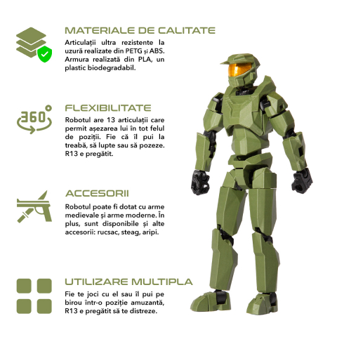 Robot figurina cu articulatii R13, 16,5 cm, imprimat 3D, tip Halo, verde inchis, complet asamblata [2]