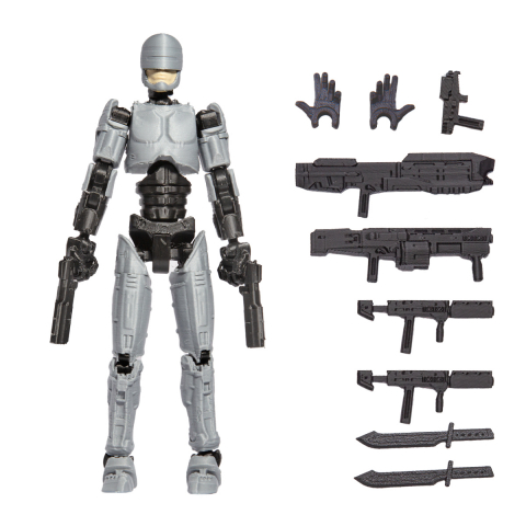 Robot R13 - Robot figurina cu articulatii R13, 16,5 cm, imprimat 3D, tip Robocop, gri-negru, complet asamblata