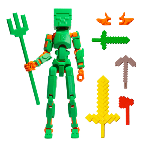 Robot R13 - Robot jucarie cu articulatii R13 tip Minecraft, mediu, 16,5cm, imprimat 3D, complet asamblat - verde-portocaliu