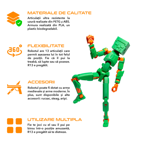 Robot jucarie cu articulatii R13 tip Minecraft, mediu, 16,5cm, imprimat 3D, complet asamblat - verde-portocaliu [1]
