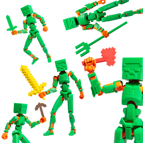 Robot jucarie cu articulatii R13 tip Minecraft, mediu, 16,5cm, imprimat 3D, complet asamblat - verde-portocaliu [4]